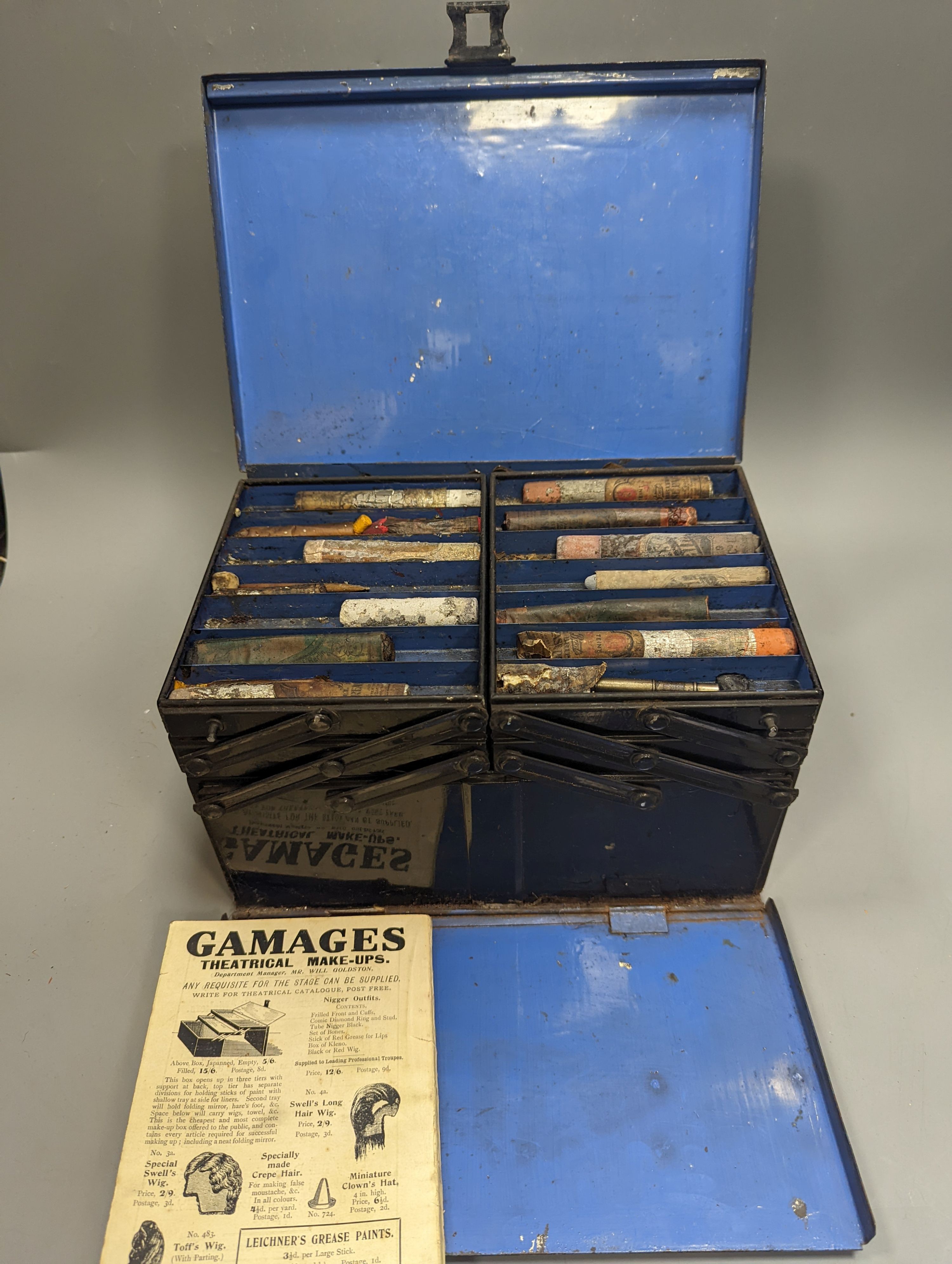 A vintage theatrical make up set, tin cased